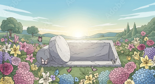 An empty tomb lies open in a vibrant field of flowers with butterflies fluttering around, bathed in the warm glow of a rising sun.