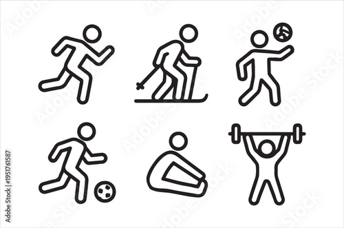 Simple black outline icons depicting various athletic activities and physical exercise concepts high quality