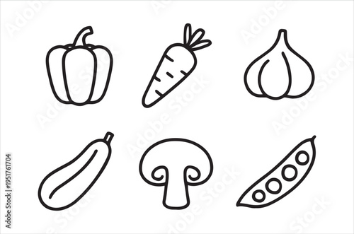 Simple black and white line drawing featuring a bell pepper carrot garlic zucchini mushroom and peas