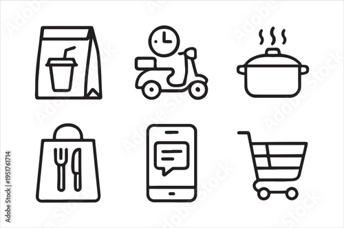 A collection of simple black and white line icons representing food delivery and shopping
