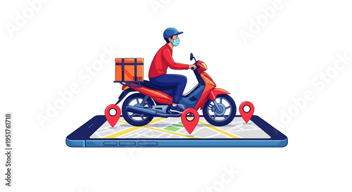 Illustration of a delivery rider on a motorcycle with a cargo box riding over a smartphone map with location pins.