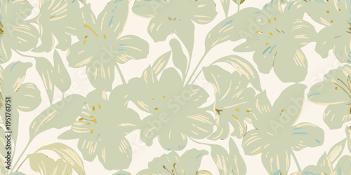Subtle floral pattern with light green lily like blossoms on white