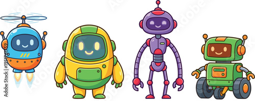 Cute and Colorful Robot Character Set with Different Designs for Kids, Technology, and Digital Illustrations