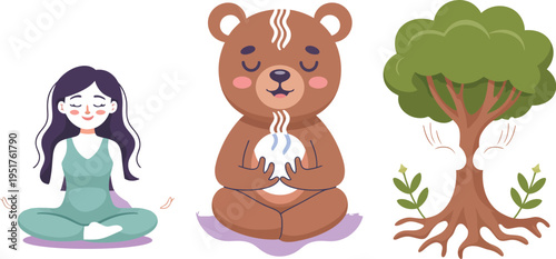 A woman and a bear meditate outdoors with a tree in nature scenery