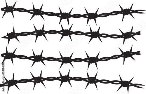 Barbed wire fence borders collection isolated on white background representing prison security barrier lines, danger warning border design illustration