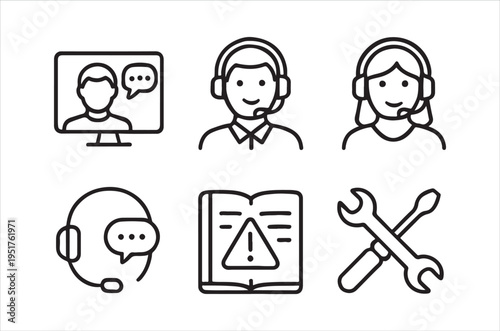 Line art icons depict customer support technical assistance and communication services high quality professional