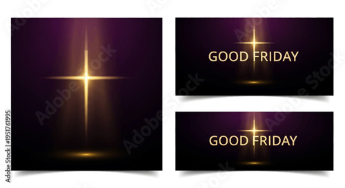 A glowing golden cross with light rays on a dark purple background, symbolizing Good Friday.