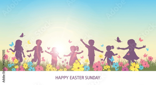 Silhouettes of children joyfully running through a field of colorful flowers and butterflies on a sunny Easter Sunday.