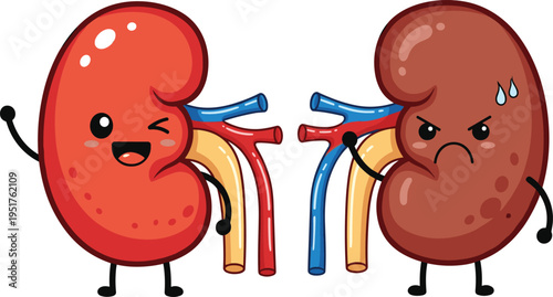 Cartoon vector illustration of healthy and unhealthy kidneys with anthropomorphic features, medical awareness design showing renal arteries veins ureters