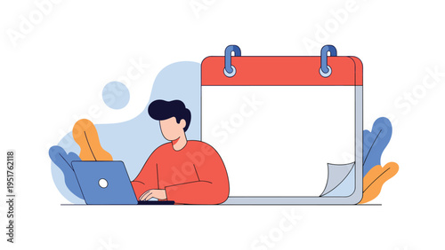 Man in a red shirt works on his laptop computer next to a giant blank calendar representing scheduling and deadlines.