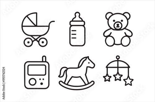 Simple black and white line icons depicting baby items like toys a stroller and more