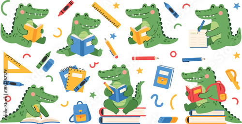 Cute cartoon crocodile students reading books and studying with school supplies playful educational vector illustration set for kids learning