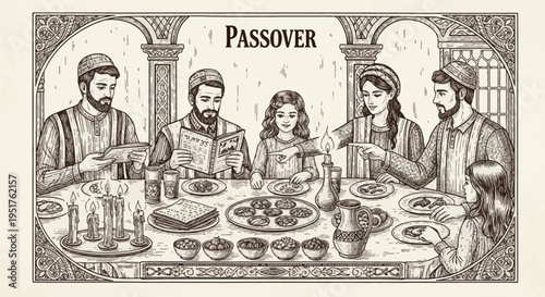 An intricate, vintage-style illustration depicts a Jewish family gathered around a table for a Passover Seder, complete with traditional foods and religious items.