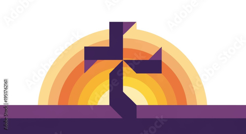 A stylized Christian cross with a radiating sun or halo behind it, set against a white background with a purple foreground.