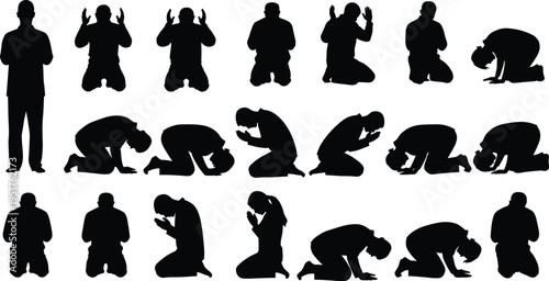 Silhouette Muslim prayer positions sequence, Islamic salah steps collection, kneeling bowing prostration poses, spiritual worship illustration isolated on white background