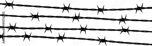Barbed wire fence lines silhouette isolated on white background representing prison security barrier, danger warning border illustration