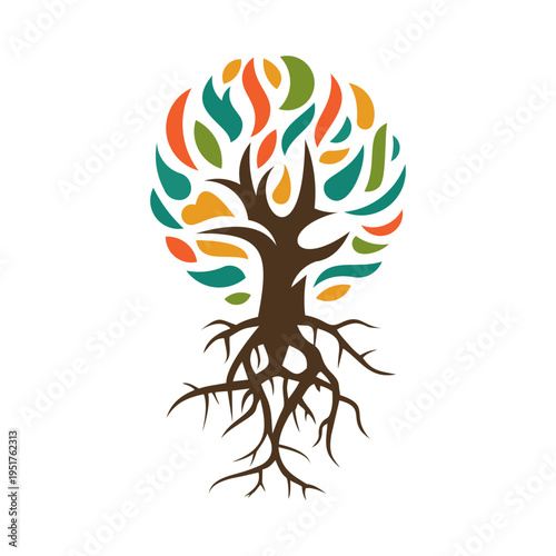 Colorful Tree of Life with Intricate Roots for Community Logo