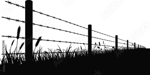 Barbed wire fence silhouette with grass field, rural security barrier landscape, agricultural boundary concept, black vector illustration isolated on white background