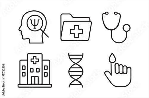 A collection of black and white line icons representing various aspects of healthcare and mental wellbeing