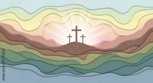 Three crosses stand silhouetted against a radiant sunrise, symbolizing hope and resurrection.