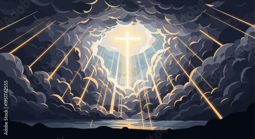 A radiant cross of light shines through dramatic storm clouds, illuminating the sky with golden rays over a dark body of water.