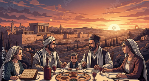 A Jewish family gathers for a Passover Seder meal, with the ancient Temple in Jerusalem visible in the background at sunset.
