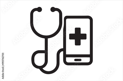A black outline depicts a stethoscope paired with a smartphone displaying a medical cross symbol