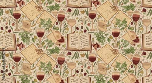 A charming vintage-style pattern featuring open books, glasses of red and white wine, and botanical elements like leaves and berries.
