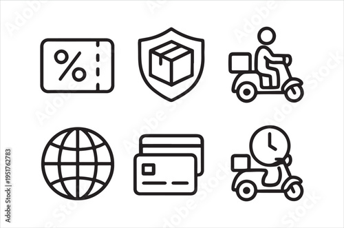 Line art icons representing delivery services security global reach and payment options high quality
