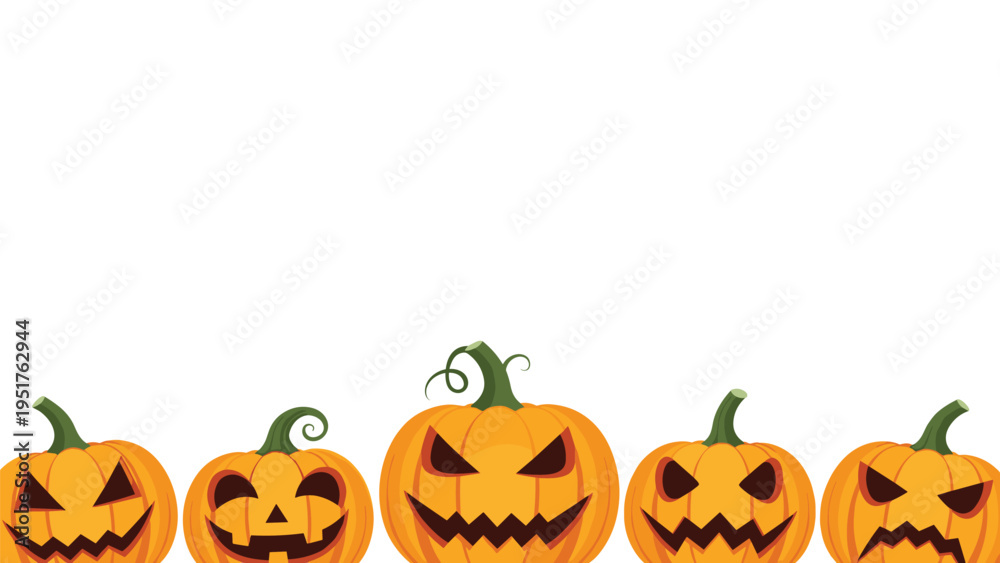 Obraz premium Row of five differently carved orange jack-o-lantern pumpkins with scary faces is shown at the bottom of the image.