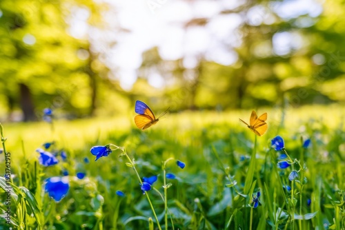 beautiful spring meadow with blue primrose flowers and green grass, blurred background of trees in the park on a sunny day. a yellow butterfly is flying over the field