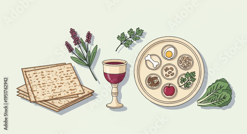 A Seder plate with symbolic foods, matzah, wine, herbs, and lettuce, representing the Passover holiday.