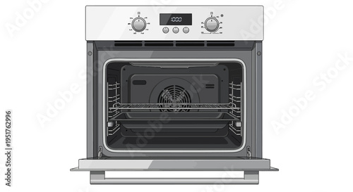 Close-up of an empty modern oven with a digital display and control knobs on a white background.