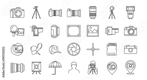 Collection of photography equipment icons, representing various tools and accessories.