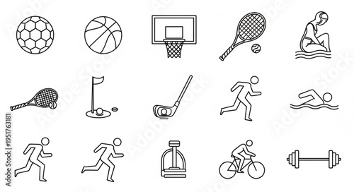 Collection of various sports equipment and activities in a sketch style.