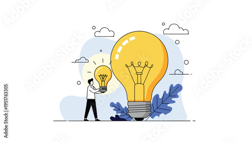Innovative person holds small glowing lightbulb standing next to giant bulb representing brainstorming and big creative ideas.