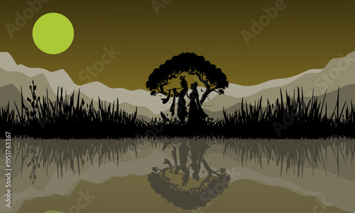 Lord Ram and Sita romantic silhouette landscape illustration with moonlit night sky, mountain, tree reflection in water, inspired by Ramayana forest exile, perfect for Hindu festival posters