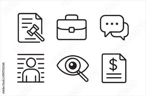 A collection of simple black line icons representing legal financial and communication themes