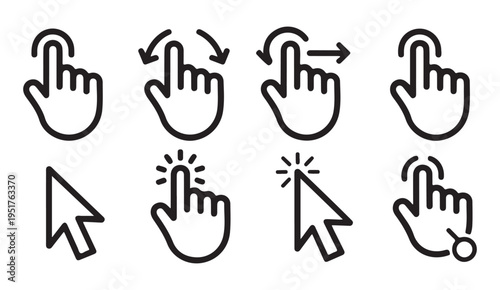 Computer cursor and touch gesture outline icons for website navigation and interactive user interface design