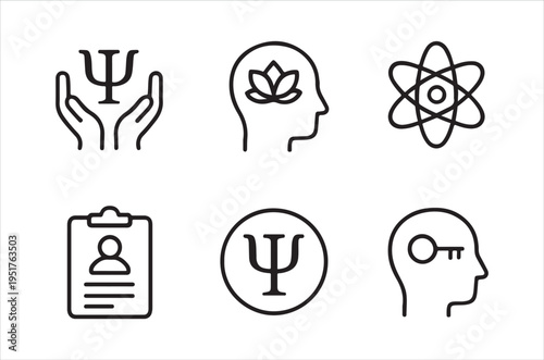 A collection of minimalist line art icons representing psychology therapy and the human mind