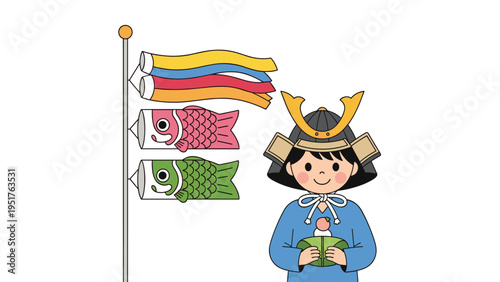 Young girl wearing ceremonial samurai helmet celebrates tradition in Japan while holding a seasonal rice cake treat.