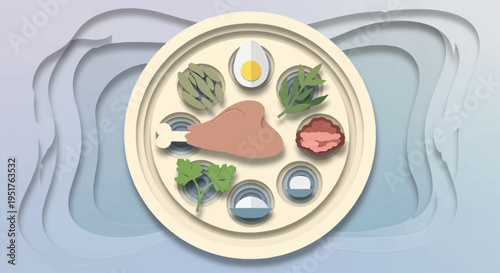 A Seder plate with symbolic foods arranged for the Passover holiday, including a shank bone, egg, bitter herbs, and charoset.