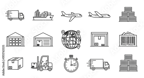 Logistics and transportation icons representing global shipping and delivery.