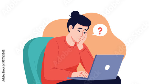 Concerned woman sits at her laptop looking puzzled with a question mark bubble suggesting confusion or technical problems.