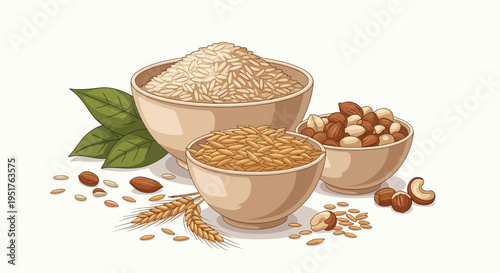 Flat lay illustration of assorted grains and nuts in bowls on a white background