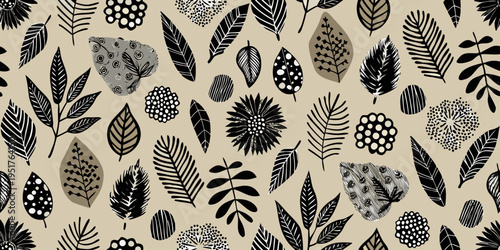 Stylized botanical pattern featuring black and beige floral and leaf shapes