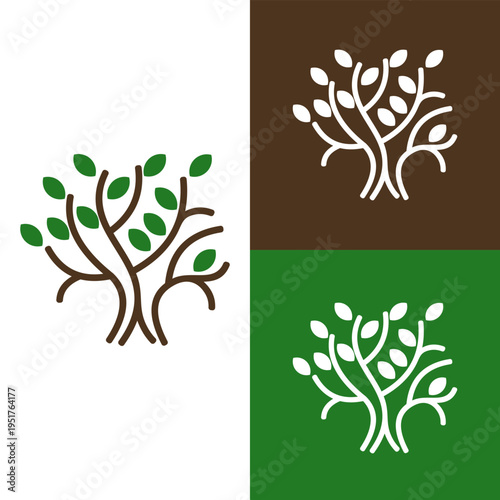 Modern Line Art Tree Logo with Green Leaves