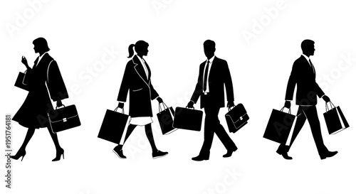 Silhouettes of business people walking with briefcases.
