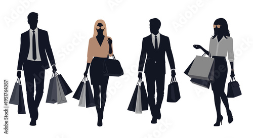 Silhouettes of people walking with shopping bags.