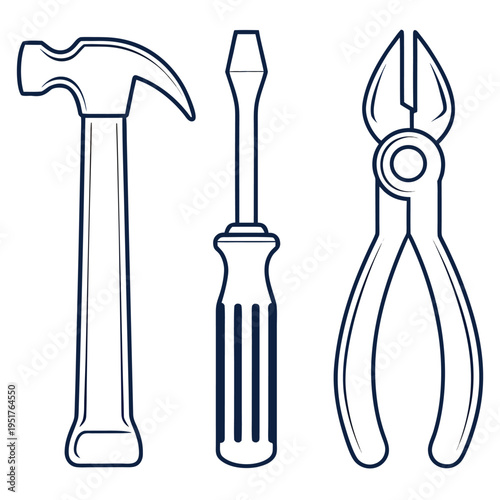 Line of a hammer screwdriver and pliers on white background tools hand tools